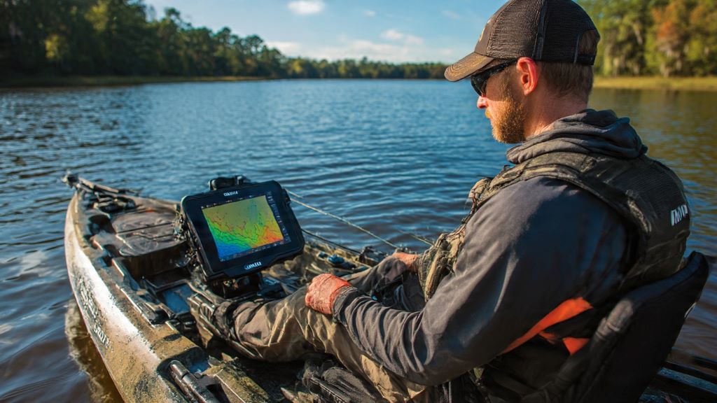 Kayak angler using Garmin fish finder touchscreen display while fishing on lake with ClearVu sonar showing bottom contours and fish marks