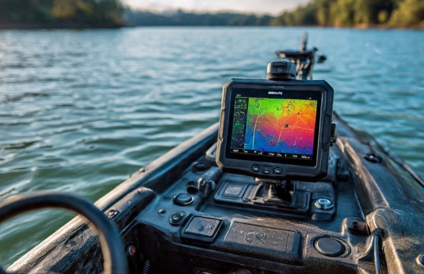 Garmin ECHOMAP UHD2 fish finder mounted on fishing kayak dashboard showing sonar display with fish targets and underwater structure