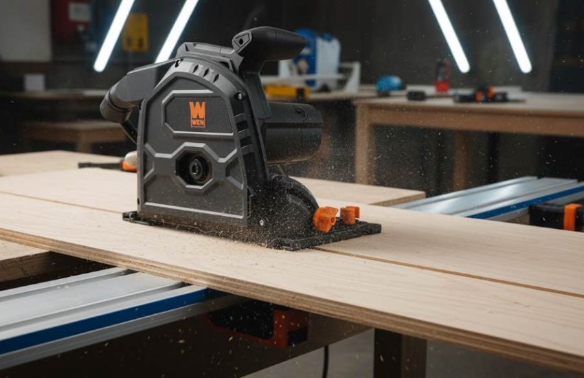 WEN 7.25-inch track saw cutting plywood on guide track with clean straight edge