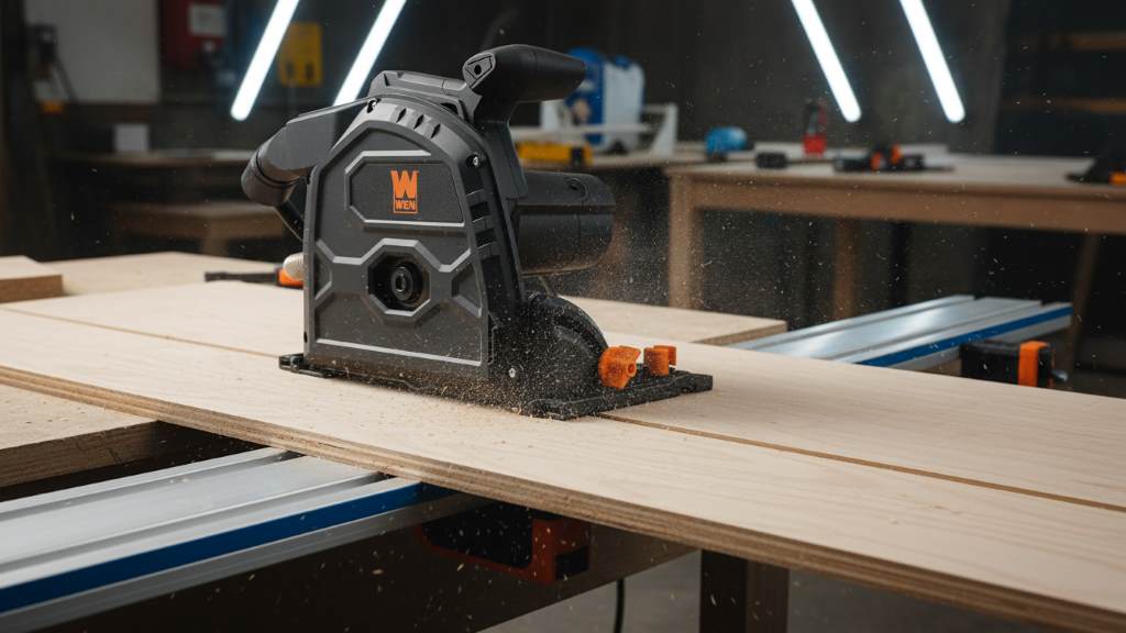 WEN 7.25-inch track saw cutting plywood on guide track with clean straight edge