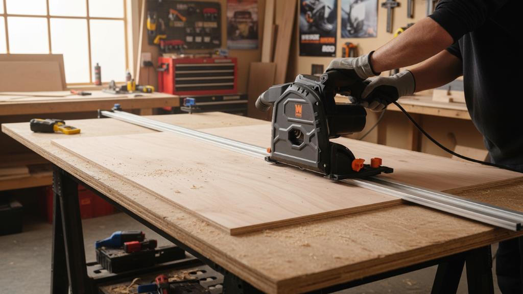 WEN track saw setup for breaking down large sheet goods in workshop