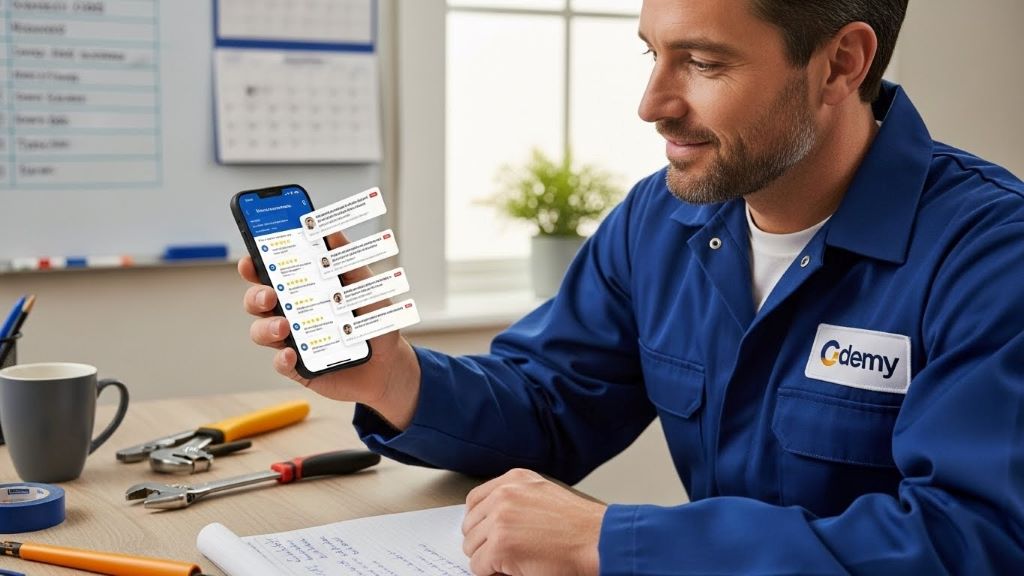 Professional plumber reviewing customer testimonials and online reviews on mobile device