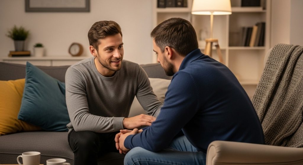 Supportive friend talking with man about mental health concerns in private comfortable setting showing compassion