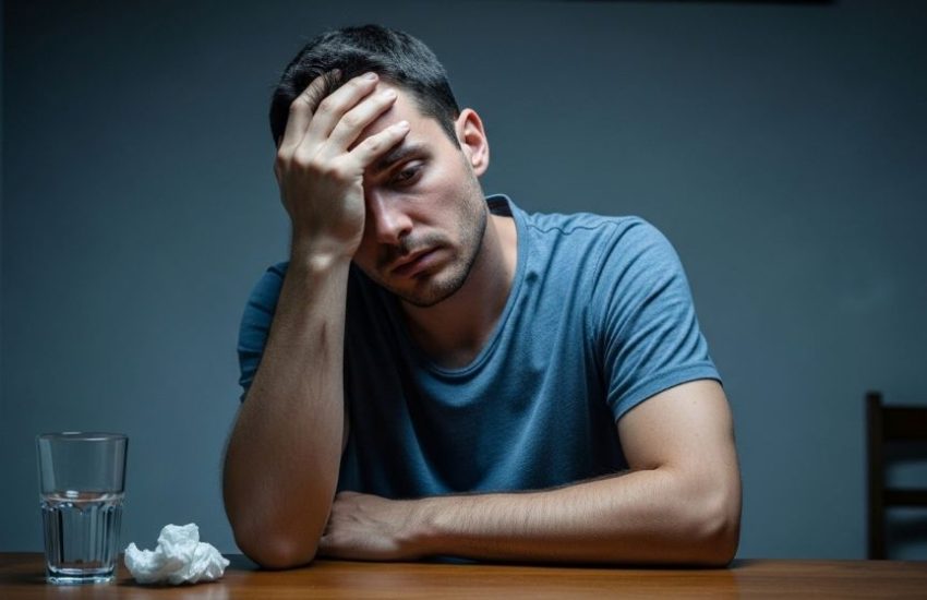 Man sitting alone looking stressed with hand on forehead showing signs of mental health struggles and depression
