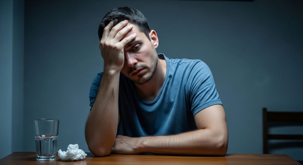 Man sitting alone looking stressed with hand on forehead showing signs of mental health struggles and depression