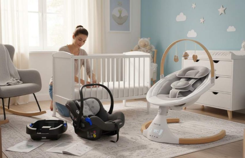 New parent assembling essential baby gear including crib, car seat, and soothing swing in nursery
