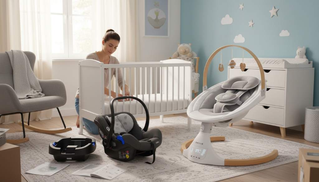 New parent assembling essential baby gear including crib, car seat, and soothing swing in nursery