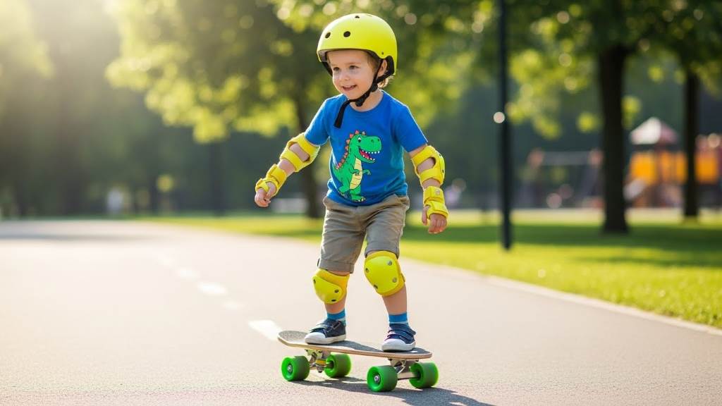 Young child safely riding a beginner skateboard wearing helmet and pads