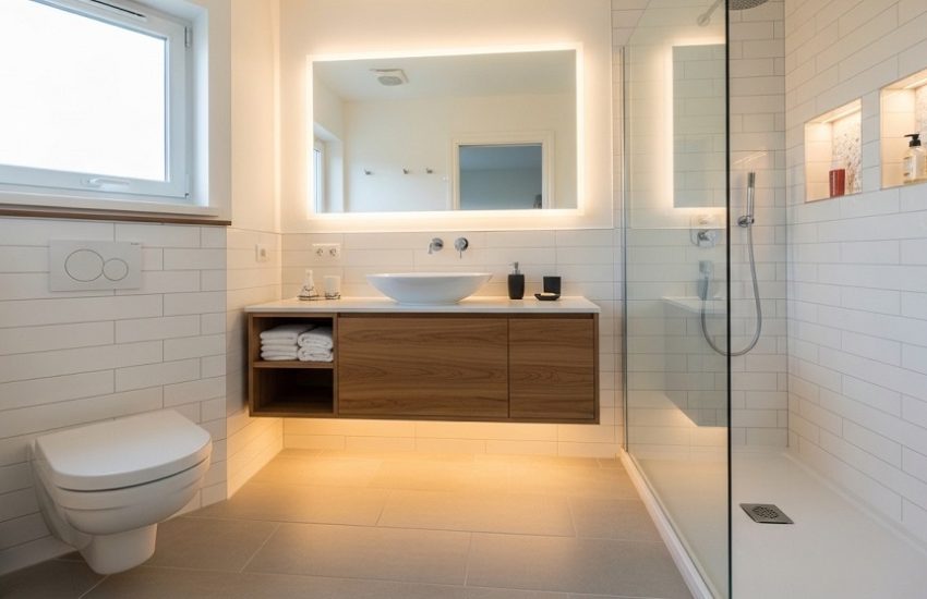 Small bathroom remodeling layout with walk-in shower