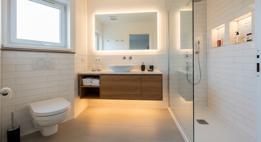 Small bathroom remodeling layout with walk-in shower