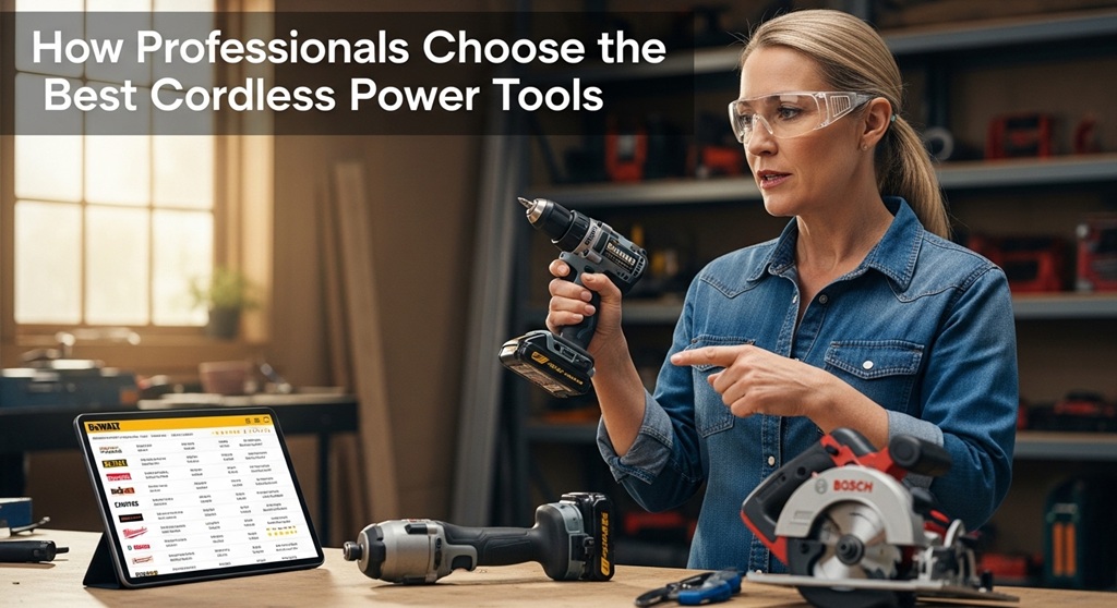 Close-up of heavy duty cordless tools with lithium-ion battery system