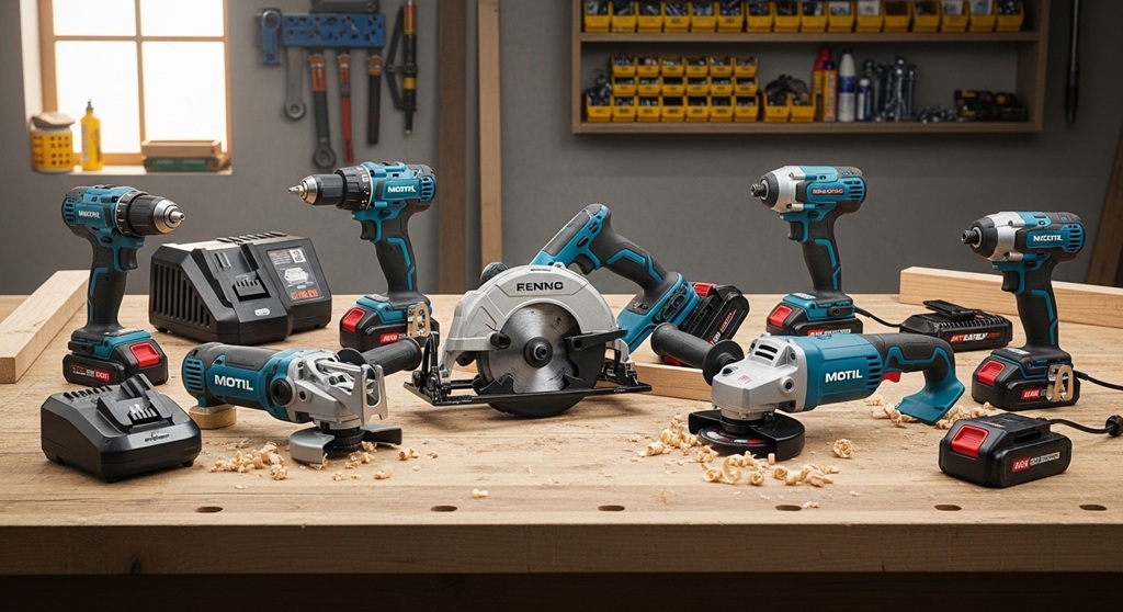 Set of contractor tools including cordless power tools and batteries