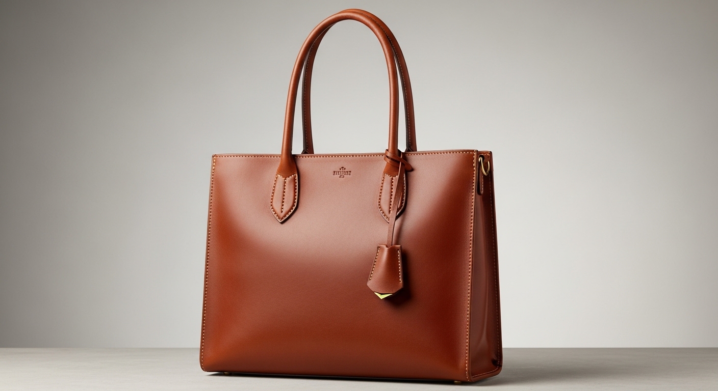 Full grain leather tote bag showing reinforced handles and premium stitching