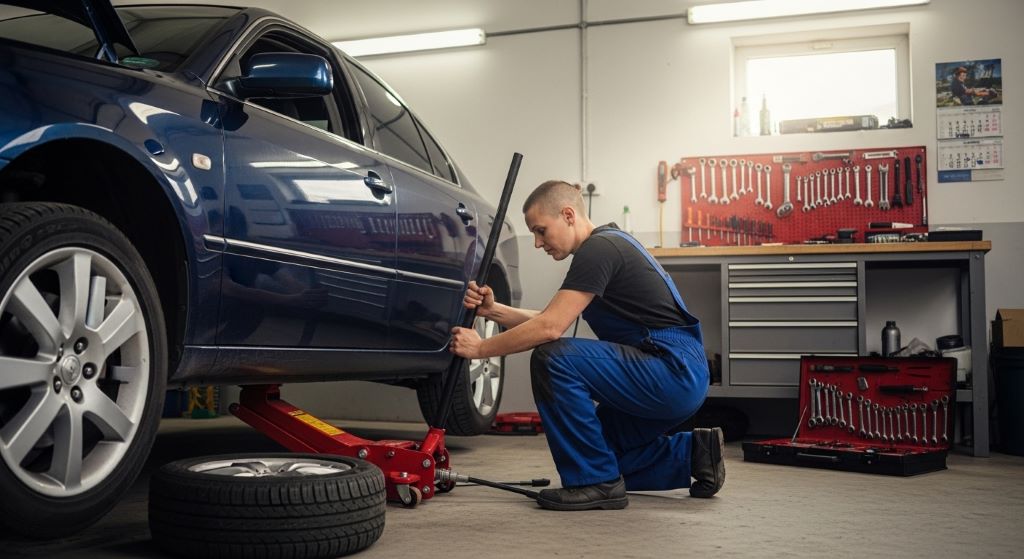 Mechanic using a floor jack to lift a sedan in a home garage for routine maintenance