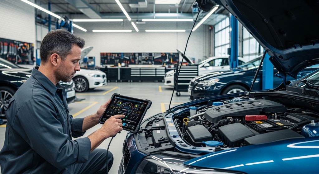 Three types of car jacks — scissor, bottle, and floor jack — displayed side by side on a garage floor