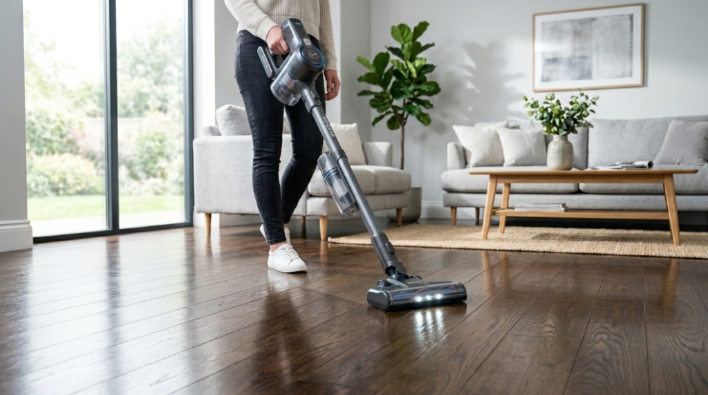 Close-up of a Hoover vacuum soft brush roll cleaning dust off a light maple wood floor