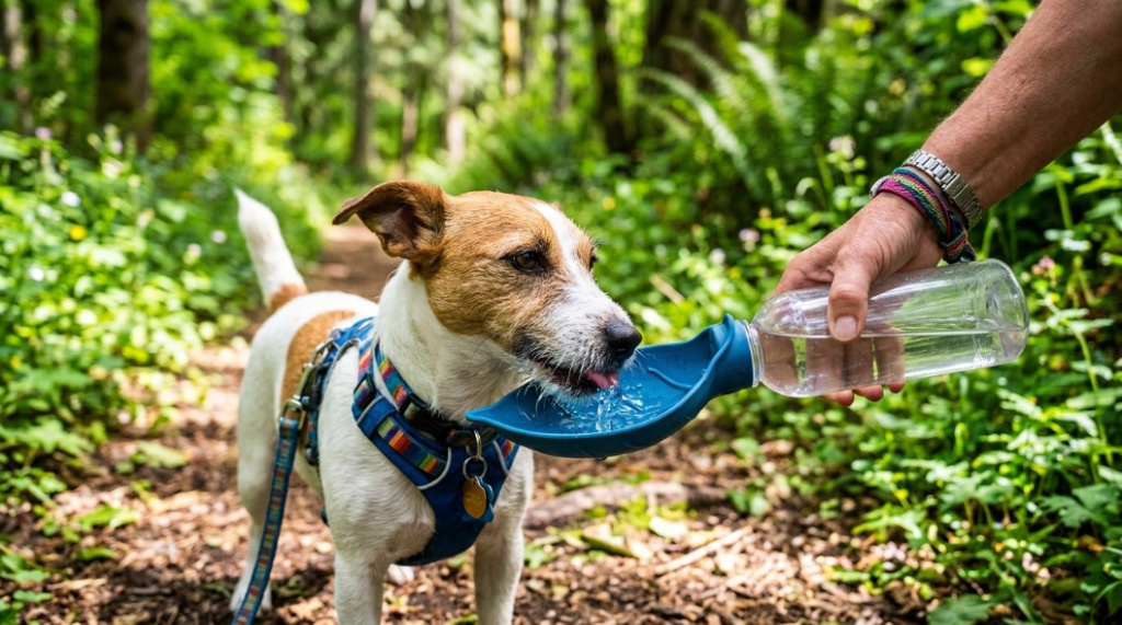 Water spilling from a plastic bottle into a flimsy bowl on a trail next to a thirsty dog.