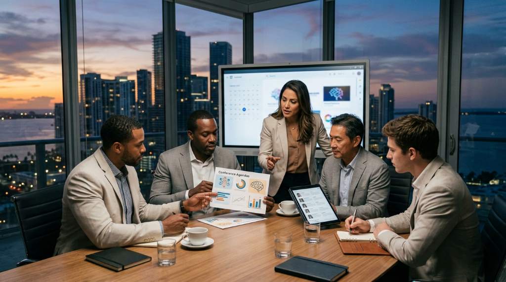 Business leaders in Miami discussing artificial intelligence strategies at a conference