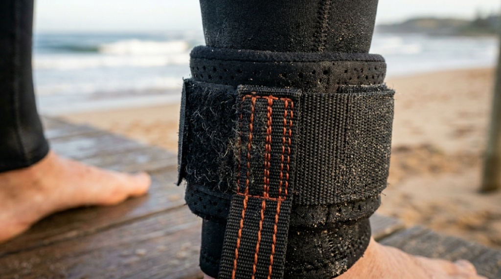 Durable surfboard leash with thick urethane cord for overhead waves