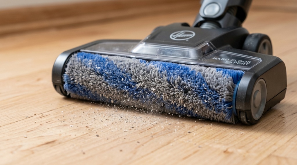 Hoover vacuum cleaner on polished dark oak hardwood floors in a modern living room.