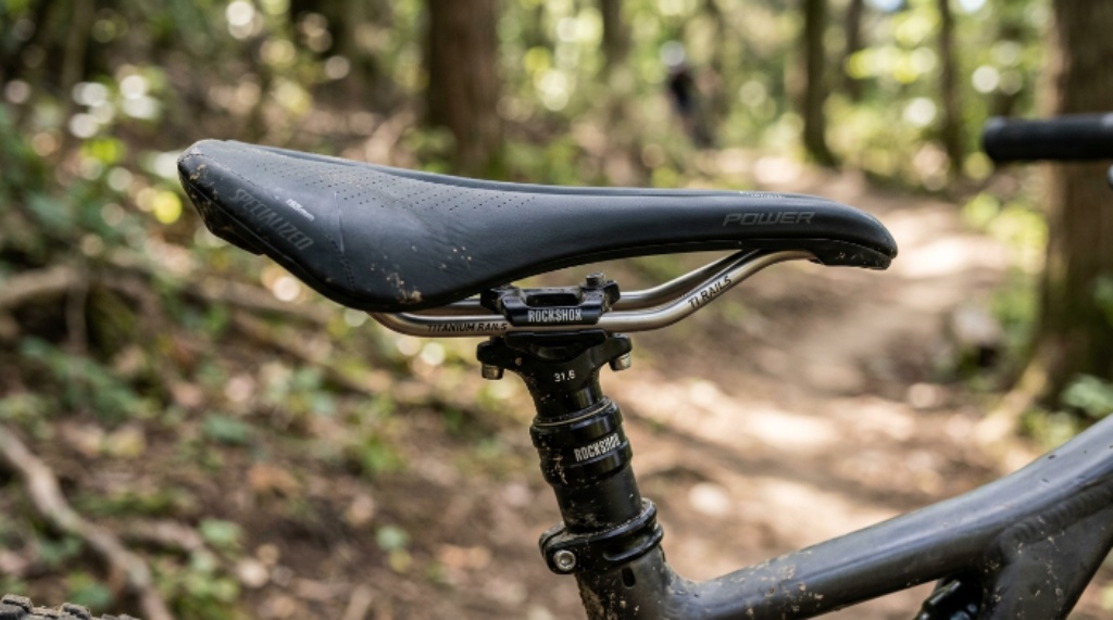 Close-up of a soft saddle MTB with central cutout channel and titanium rails on a mountain bike seatpost