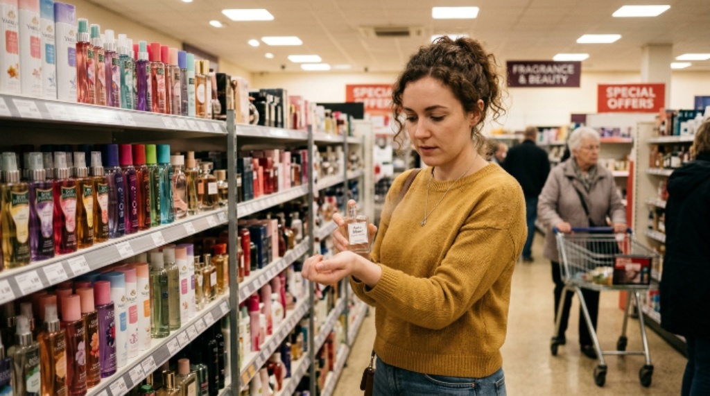 Woman spraying a budget perfume on her wrist while browsing fragrance options in a store