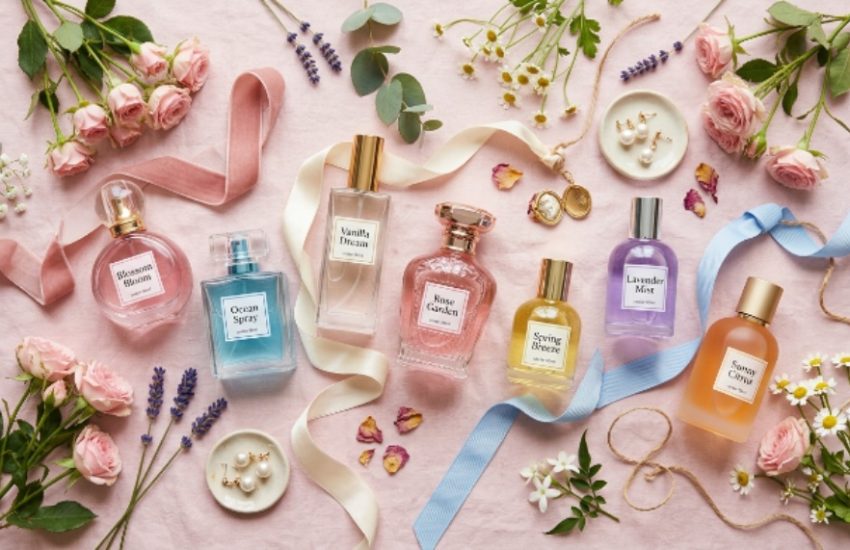Flat lay of affordable perfume bottles arranged on a pastel surface with flowers and ribbons