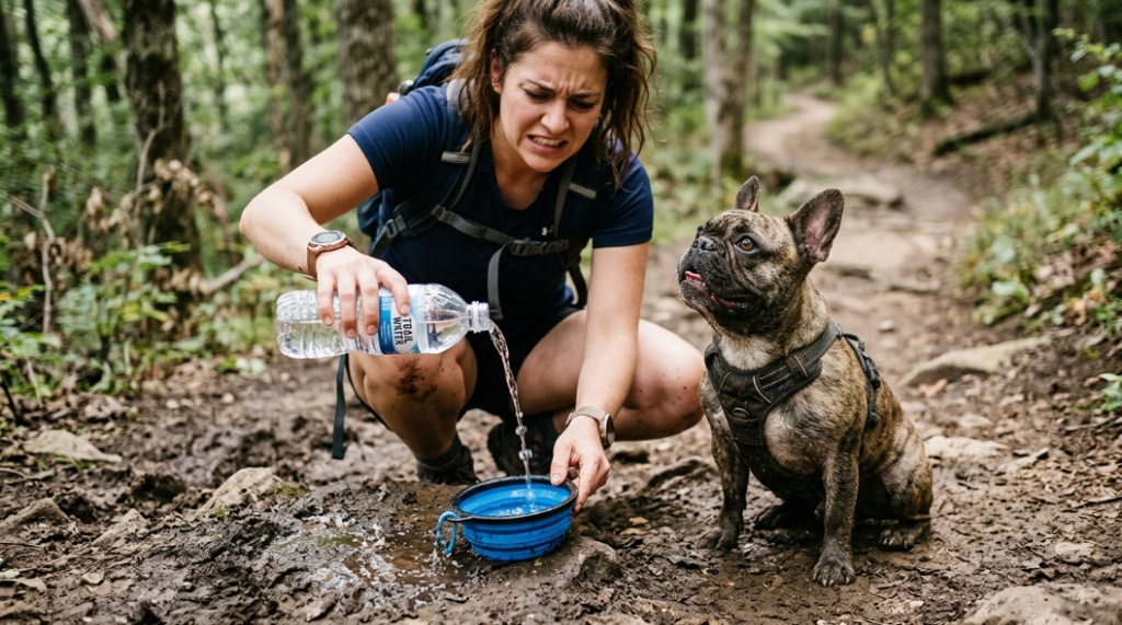 Small terrier drinking from a handheld portable dog water dispenser on a hiking trail.