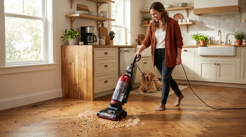 A person vacuuming pet hair and crumbs off kitchen herringbone hardwood floors