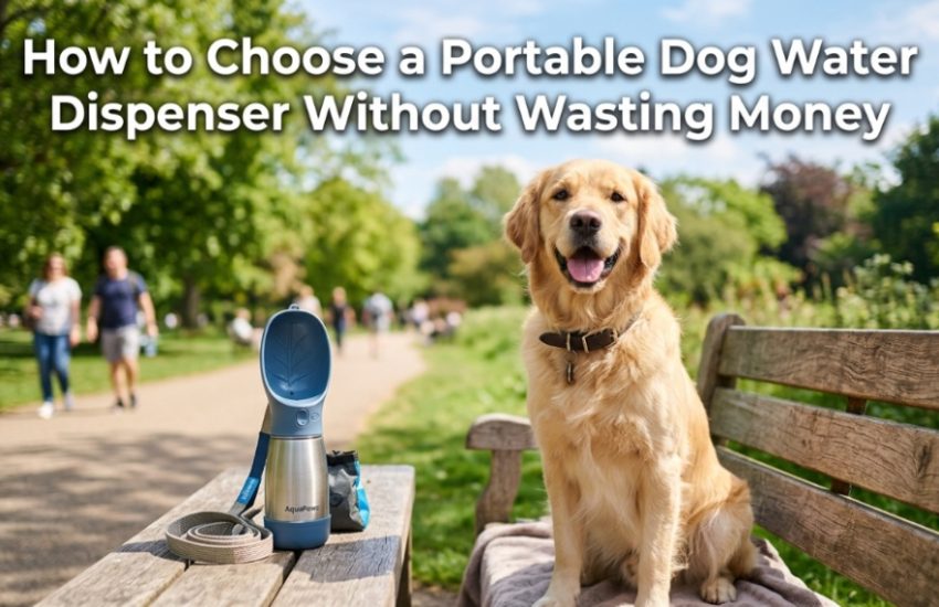 Golden Retriever next to a portable dog water dispenser with article title text overlay.