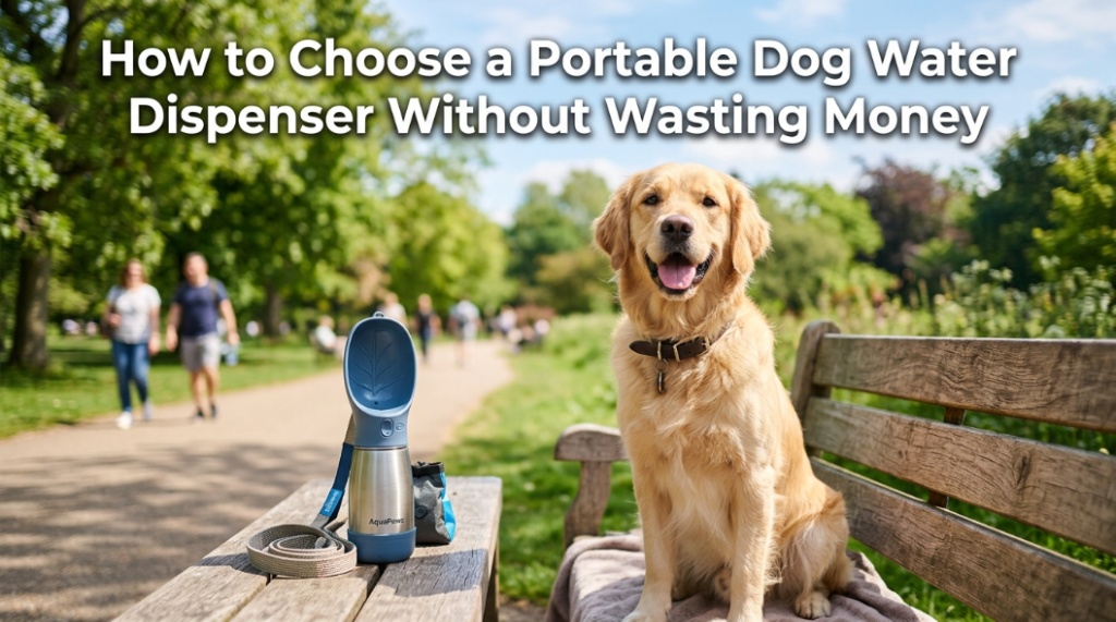Golden Retriever next to a portable dog water dispenser with article title text overlay.