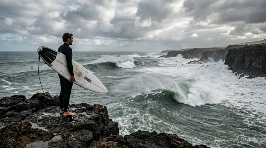 Big wave surfer using reinforced surf leash in powerful ocean conditions