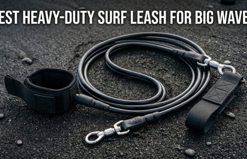 Heavy-duty surf leash attached to a big wave surfboard on the beach