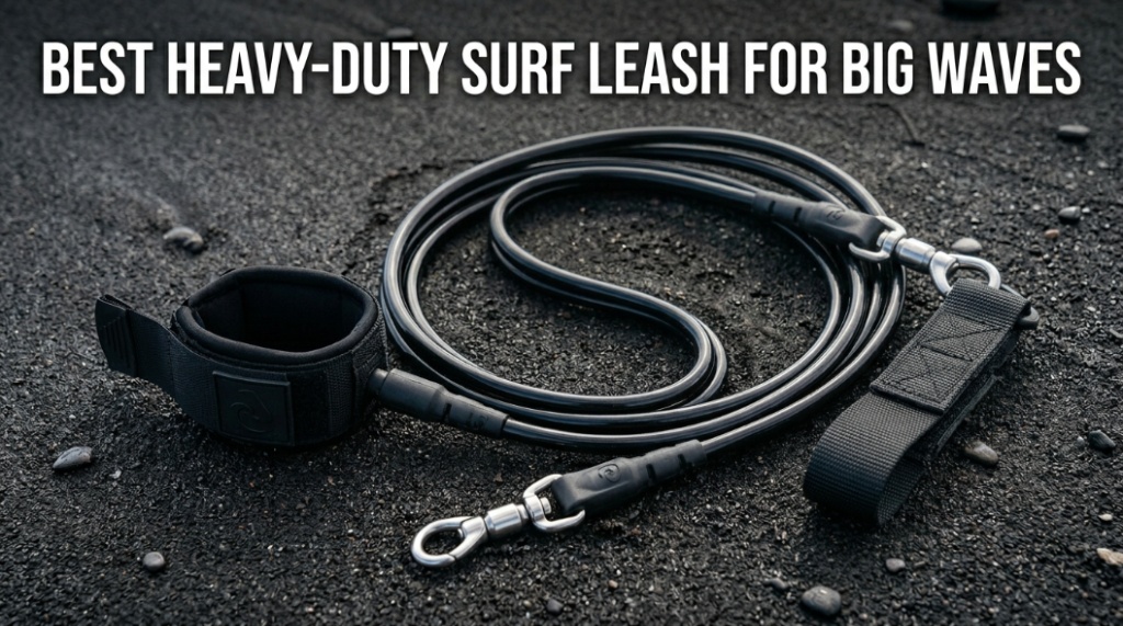 Heavy-duty surf leash attached to a big wave surfboard on the beach