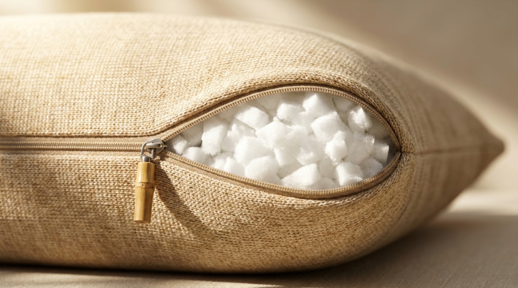 Close up of an unzipped bamboo pillow showing textured fabric and shredded memory foam filling.