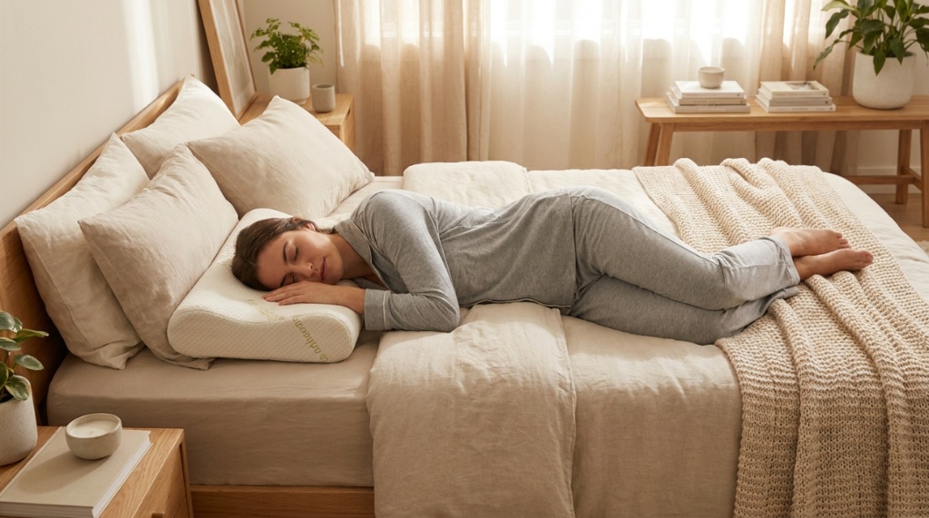 A side sleeper resting comfortably on a bamboo pillow with proper neck alignment.