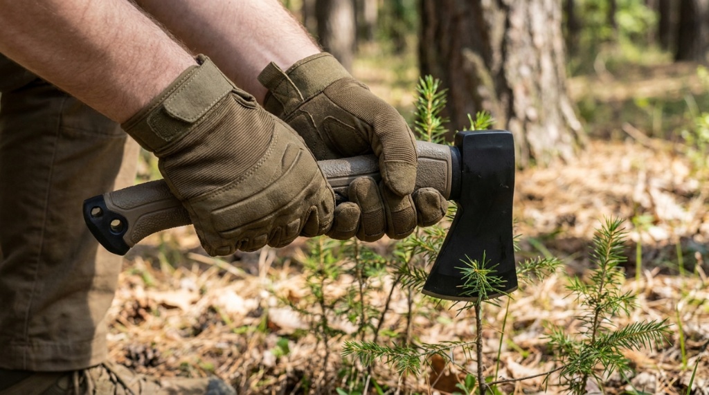 Close-up of hands wearing gloves demonstrating a safe grip on a survival axe.