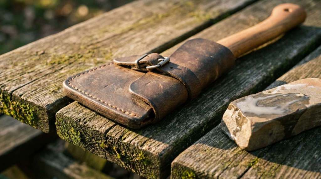 A wilderness survival axe safely enclosed inside a protective leather sheath.