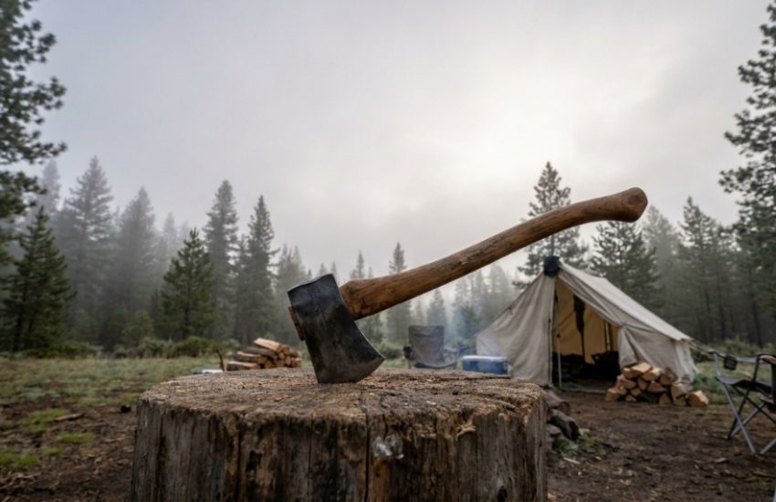 Survival axe embedded in a wooden chopping block at a wilderness campsite.