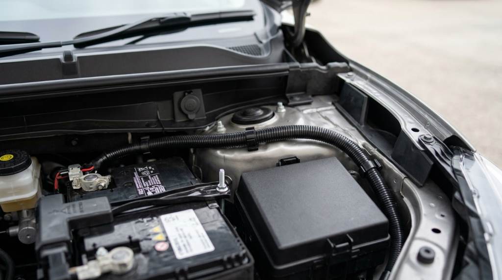 Automotive technician checking wiring connections and voltage