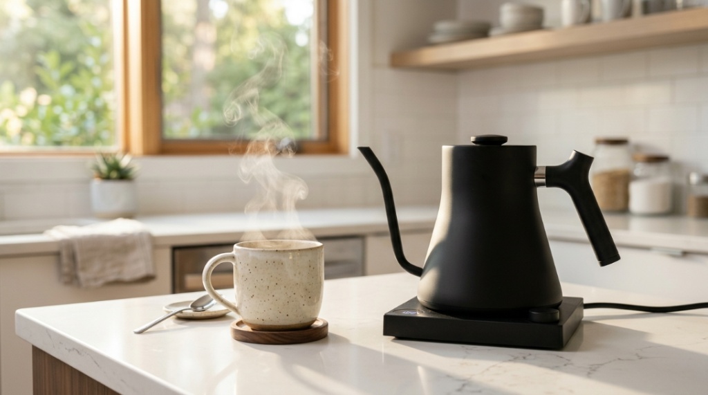 Hand pouring hot water from an electric kettle into coffee maker.