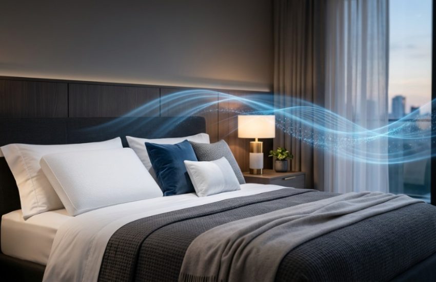 A premium white cooling pillow resting on a modern bed with blue light accents.