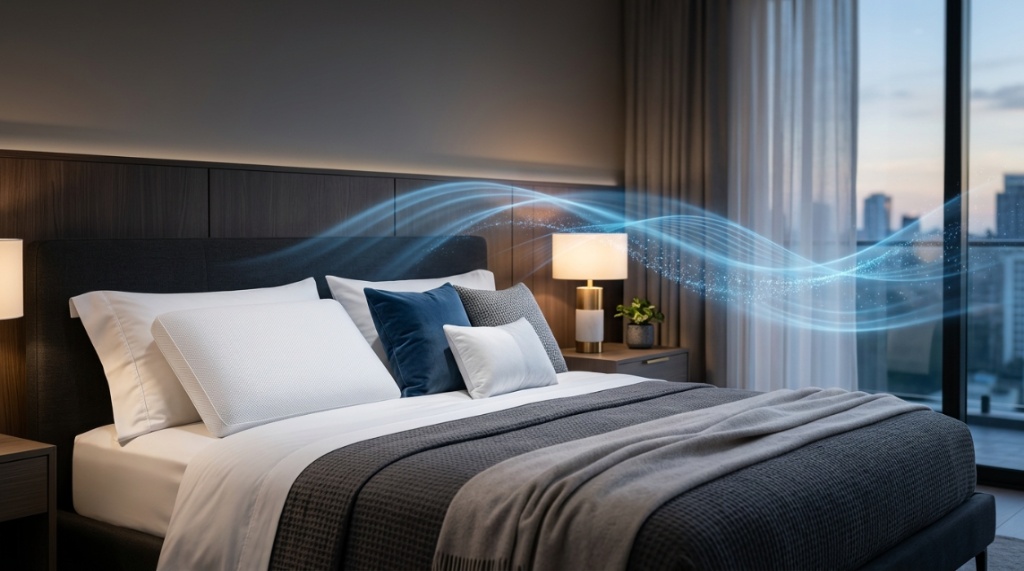 A premium white cooling pillow resting on a modern bed with blue light accents.