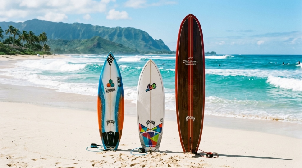 A surfer turns a hybrid surfboard on a large rolling green wave in Hawaii.