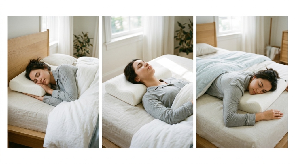 A person comfortably transitioning from side sleeping to back sleeping on a supportive pillow.