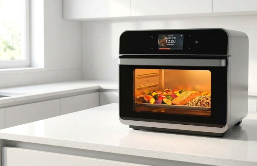Modern smart air fryer oven cooking a healthy meal on a kitchen counter.