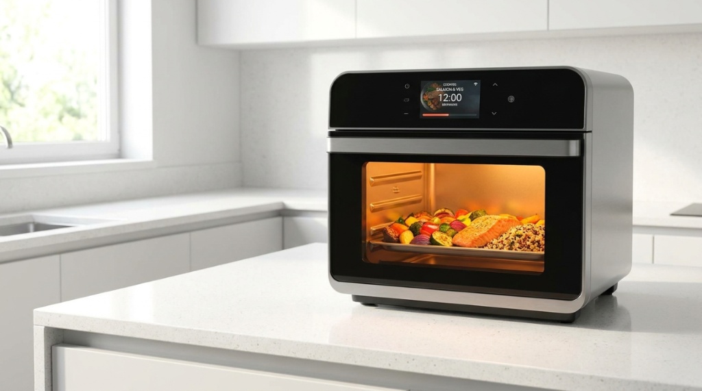 Modern smart air fryer oven cooking a healthy meal on a kitchen counter.