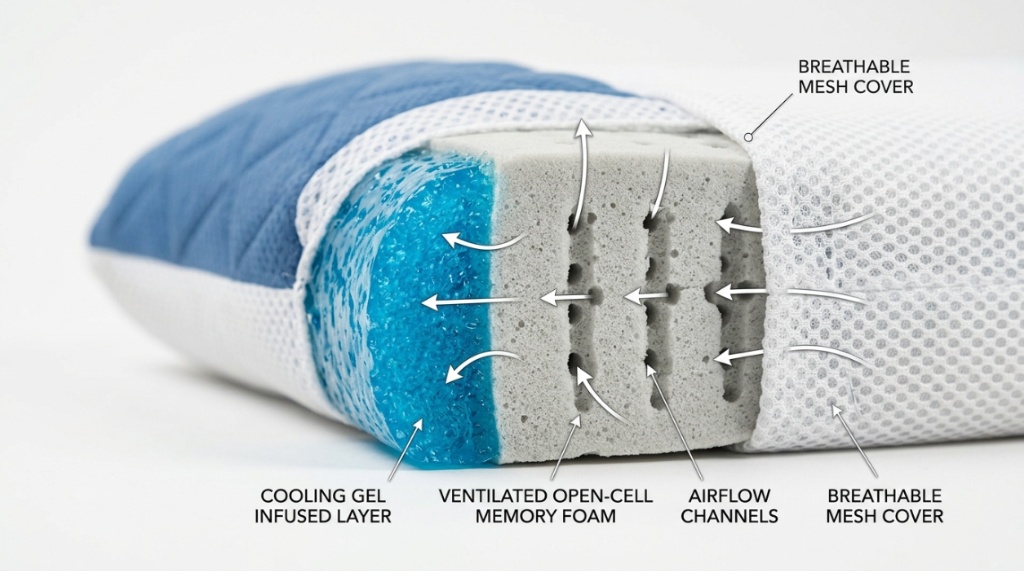 Close-up cross-section of a memory foam pillow showing breathable cooling gel layers.