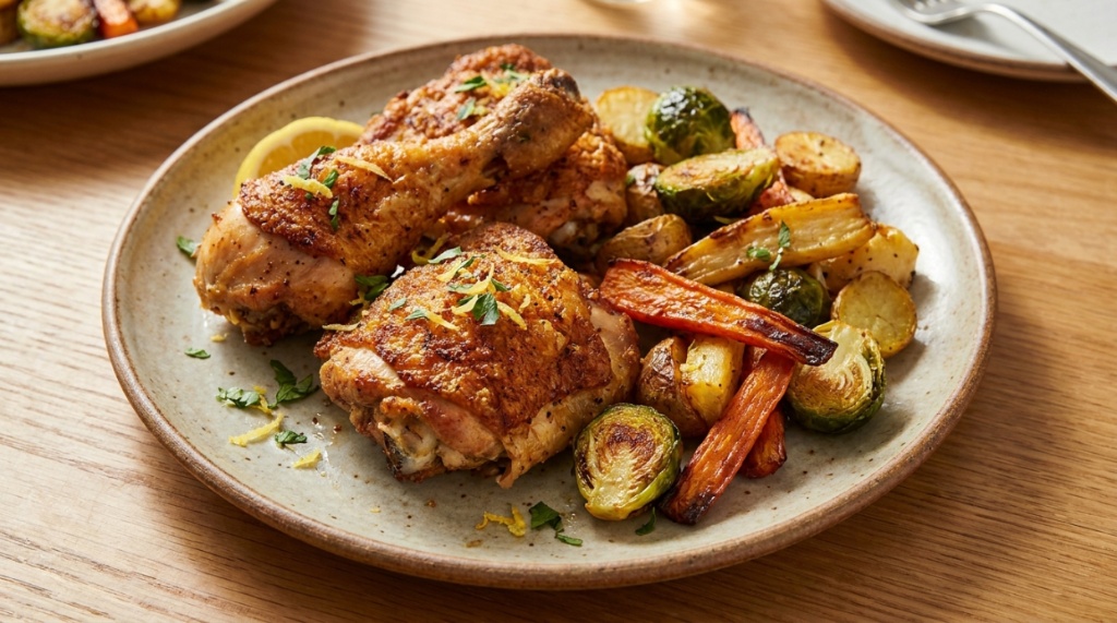Crispy golden air fried chicken plated next to fresh roasted vegetables. 