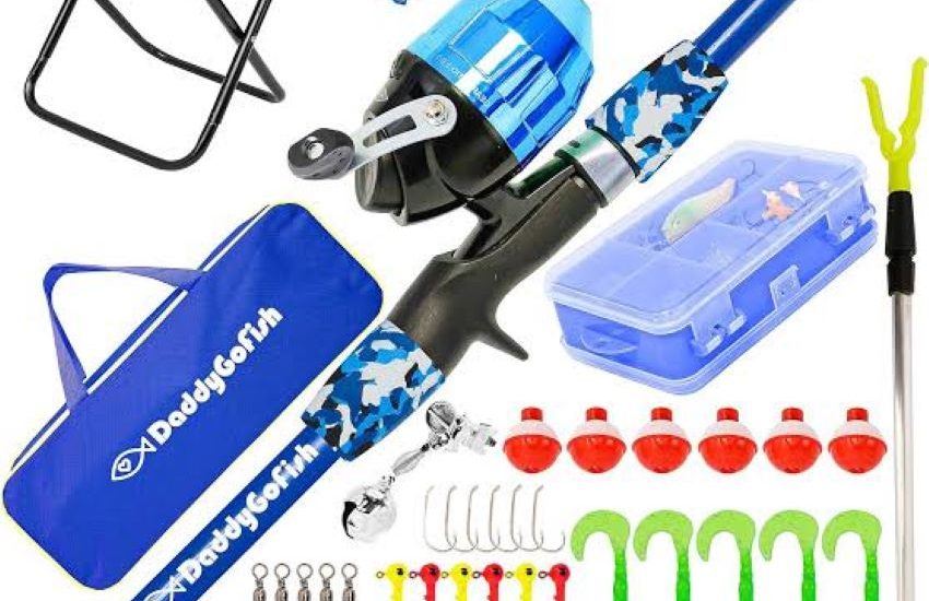 Essential fishing accessories arranged for kids on a fishing trip